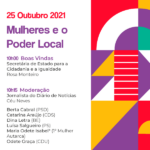 cartaz divulgação webinar Mulheres e o poder local. Indicação da data 25 outubro 2021. Ilustração com motivos coloridos, divididos em quadrados