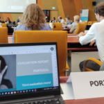 auditório com pessoas sentadas em cadeiras. placa com referência a portugal. monitor de computador com imagem da capa do relatório.