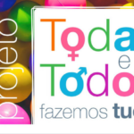 Texto todos e todas fazemos tudo sobre um fundo de balões coloridos