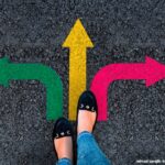 Imagem com pés de mulher e três setas de cor vermelho, amarelo e verde