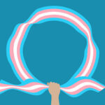 Imagem de uma mão a agarrar uma faixa em circulo com as cores da bandeira trans