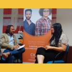 Logo do meia dose de conversa e da CIG, fotografia da conversa entre António Fogaça e Júlia Pereira