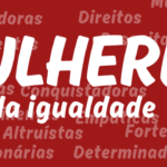mulheres pela igualdade. logótipo cig. fundo vermelho e palavras a branco. lutadotras, direitos, maternais, líderes, sororidade, guerreiras, inspiradoras, transformadoras, confiantes, visionárias, inclusivas, altruístas.