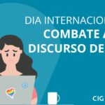 Uma ilustração de uma mulher em frente a um computador.. Dia Internacional de Combate ao Discurso de Ódio, 18 Junho 2025.