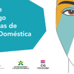 No lado esquerdo, em fundo azul, está o texto em destaque"Subsídio de Desemprego para Vítimas de Violência Doméstica". Na parte inferior, aparecem os logótipos das entidades envolvidas. No lado direito, há uma ilustração estilizada de um rosto feminino com áreas coloridas.