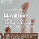 Fundo com três braços erguidos com punhos fechados, no topo os logótipos dos EEA Grants e da CIG, com o texto EEA Grants 2021-2028, 14 milhões para o combate à violência de género e à violência doméstica, saiba como no evento de lançamento do novo ciclo EEA Grants, no dia 28 de outubro de 2025